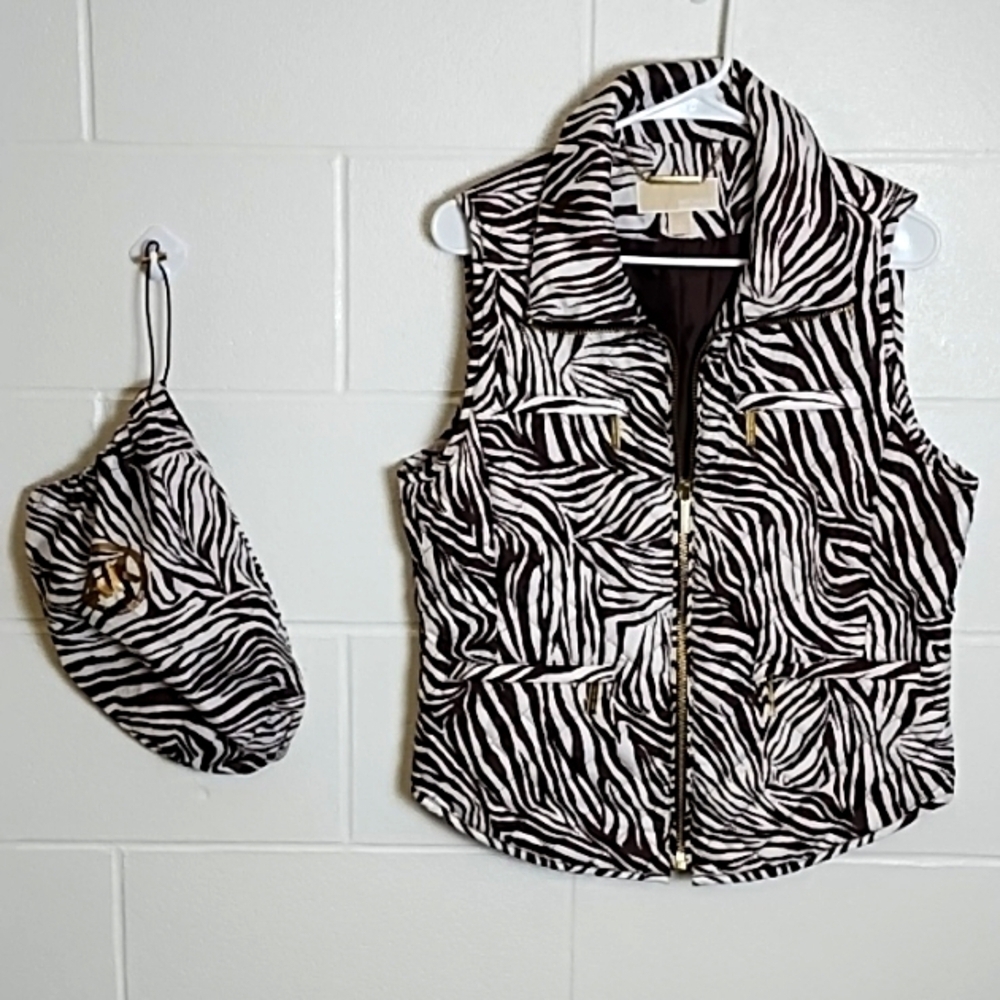 Michael Kors Woman's Puffer Jkt Lightweight Vest Gold Hardware Brown White Zebra